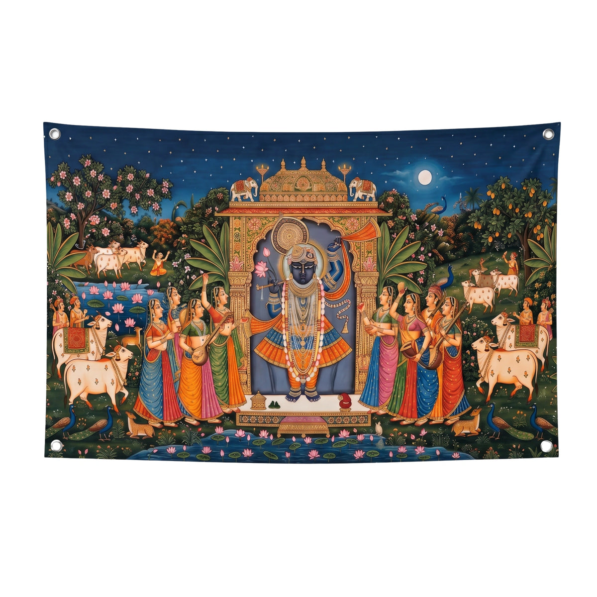 Shreenathji Wall Tapestry | Nathdwara Krishna HD Satin Wall Hanging | Hindu Devotional Temple Home Decor