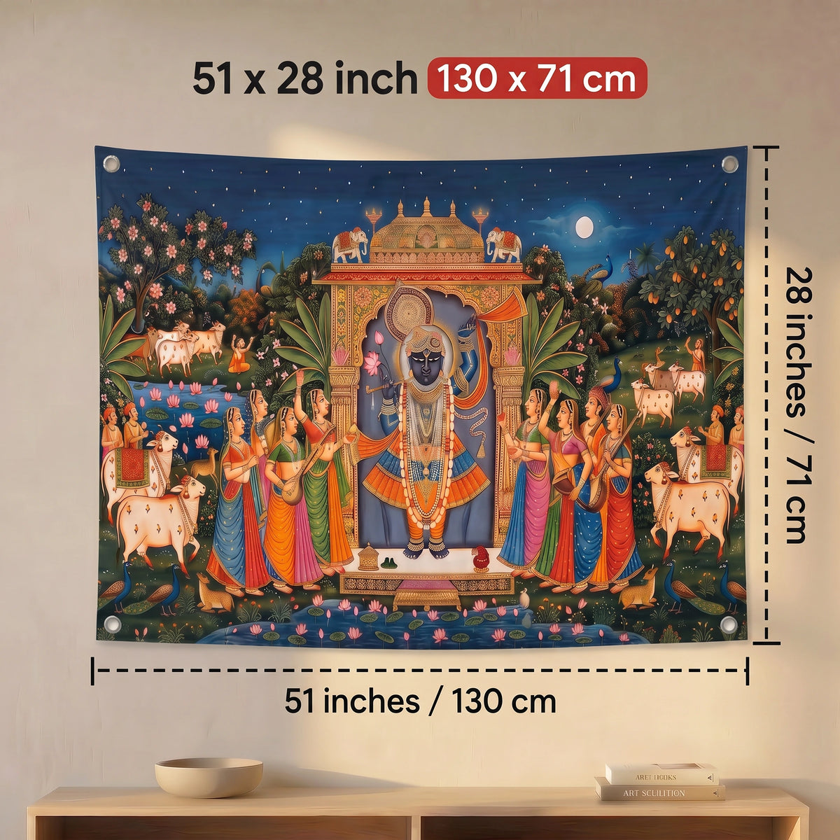 Shreenathji Wall Tapestry | Nathdwara Krishna HD Satin Wall Hanging | Hindu Devotional Temple Home Decor