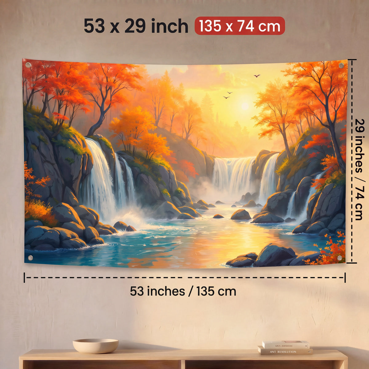 Autumn Waterfall Landscape Wall Tapestry | Scenic Nature HD Satin Polyester Wall Hanging | Sunset Forest Home Decor