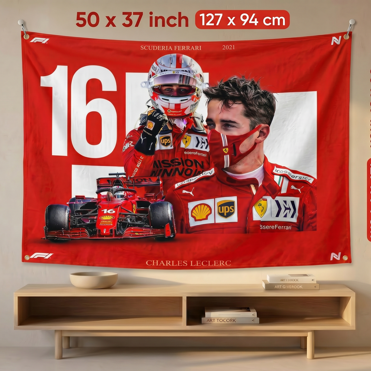 Charles Leclerc Ferrari F1 Wall Tapestry | Premium Polyester Formula 1 Racing Wall Hanging | Motorsport Room Decor