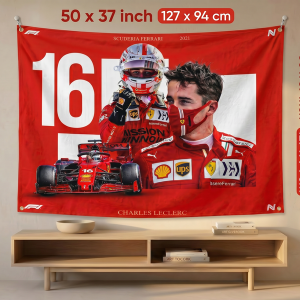 Charles Leclerc Ferrari F1 Wall Tapestry | Premium Polyester Formula 1 Racing Wall Hanging | Motorsport Room Decor