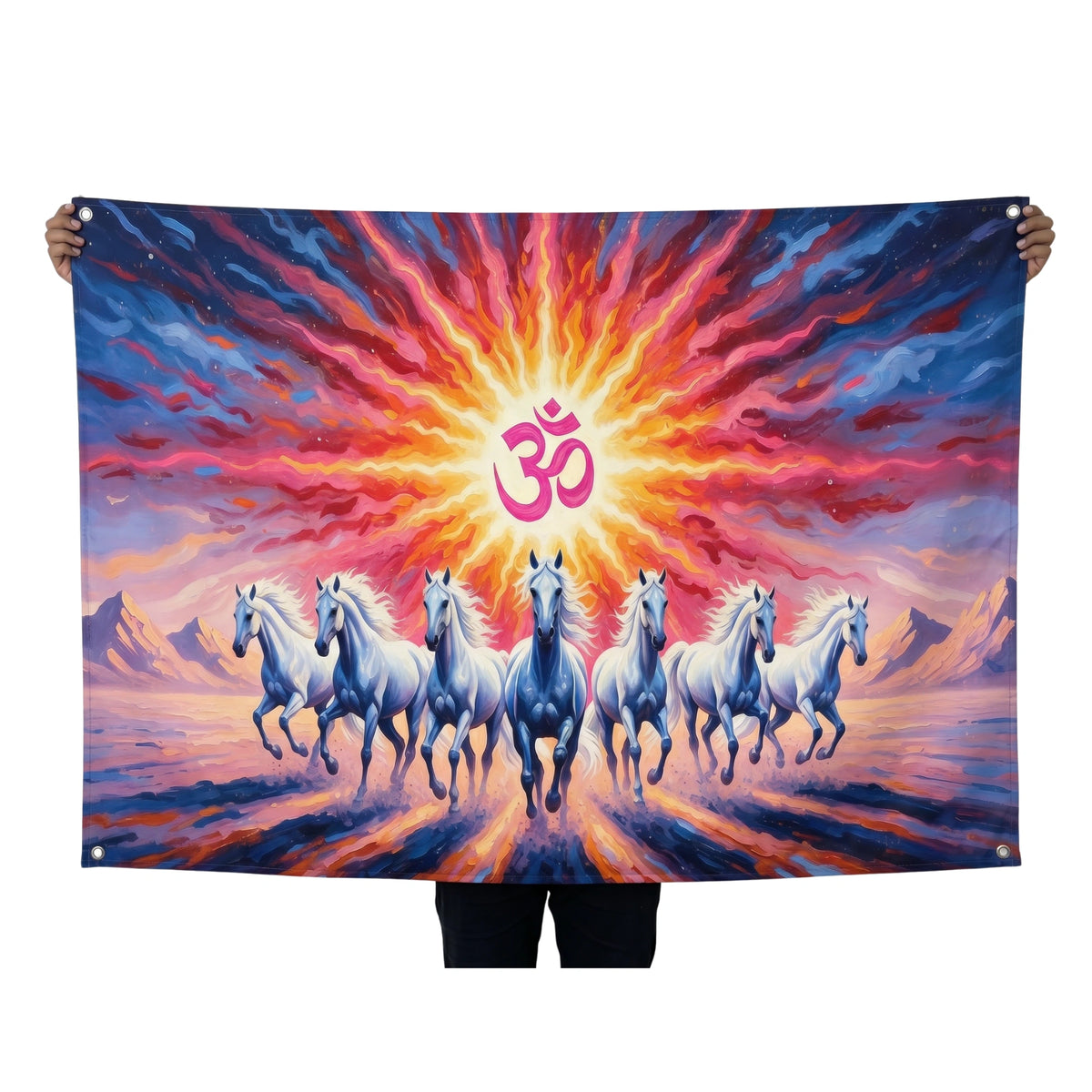 Om Symbol Seven White Horses Wall Tapestry | Vastu Lucky Horse HD Satin Polyester Wall Hanging for Living Room, Office & Meditation Room