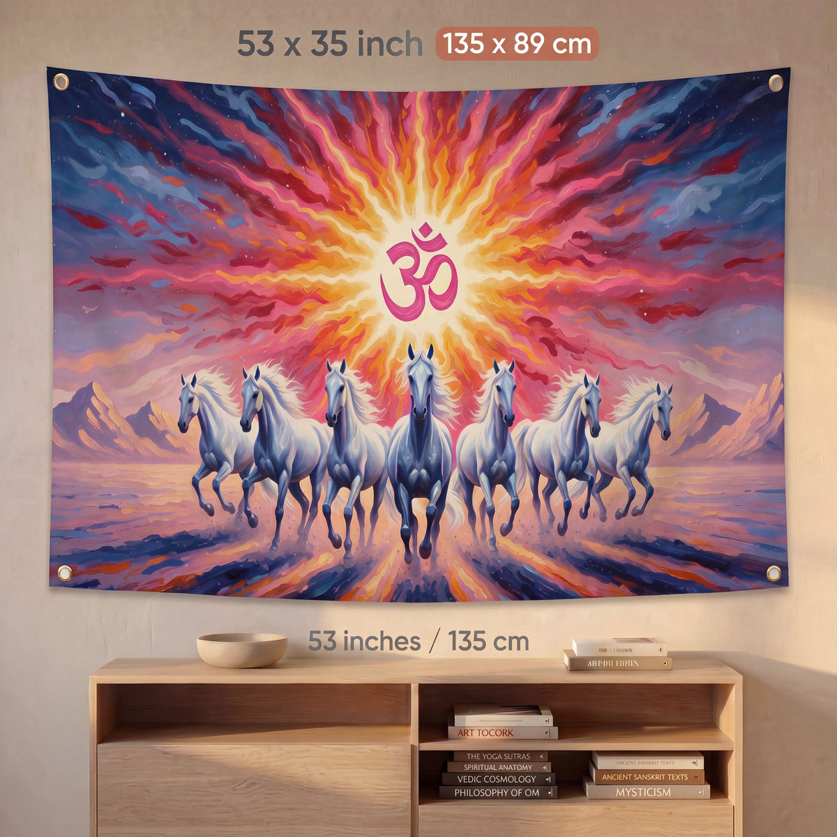 Om Symbol Seven White Horses Wall Tapestry | Vastu Lucky Horse HD Satin Polyester Wall Hanging for Living Room, Office & Meditation Room