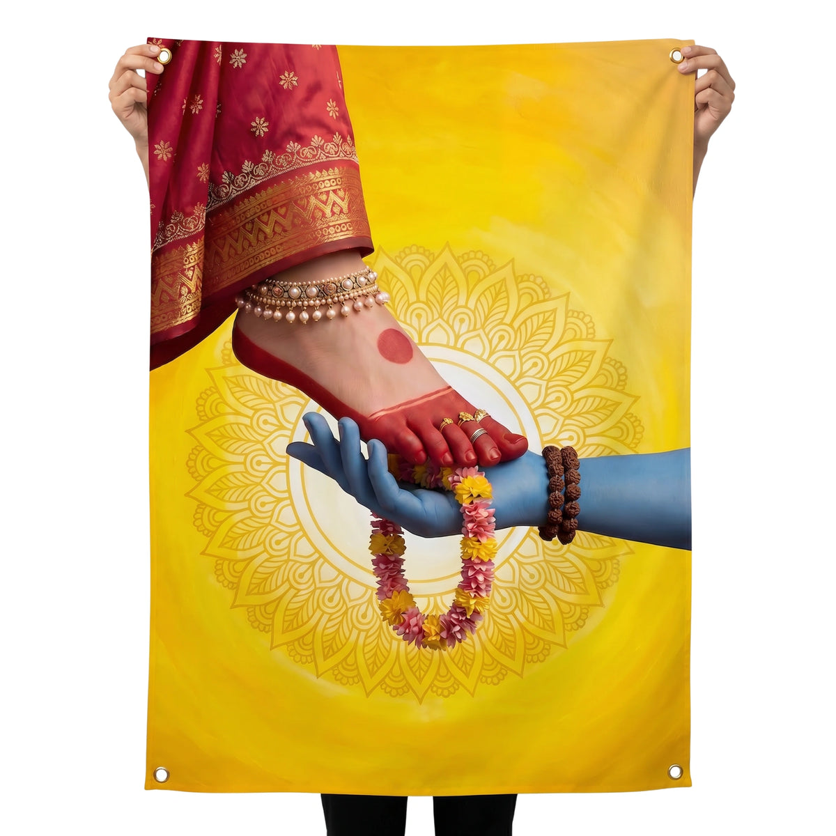Shiv Shakti Wall Tapestry | Shiva Holding Goddess Parvati's Feet HD Satin Polyester Wall Hanging for Living Room, Bedroom & Temple Decor