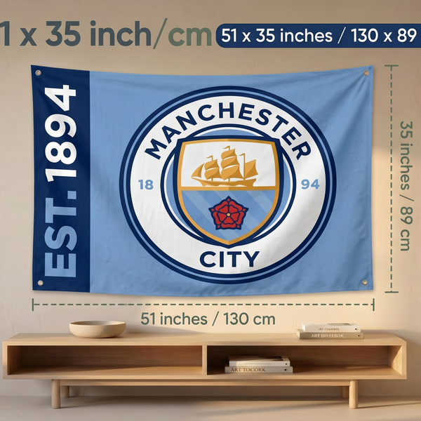 Manchester City Crest Wall Tapestry | Premium Polyester Football Wall Hanging | Soccer Fan Room Decor