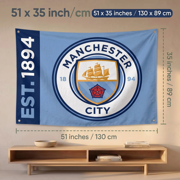 Manchester City Crest Wall Tapestry | Premium Polyester Football Wall Hanging | Soccer Fan Room Decor