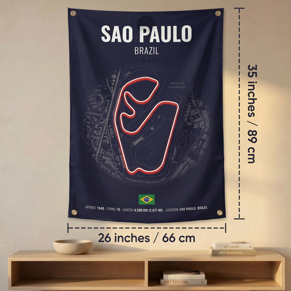 São Paulo Interlagos Circuit Wall Tapestry | Premium Polyester Formula 1 Track Map Wall Hanging | Motorsport Decor