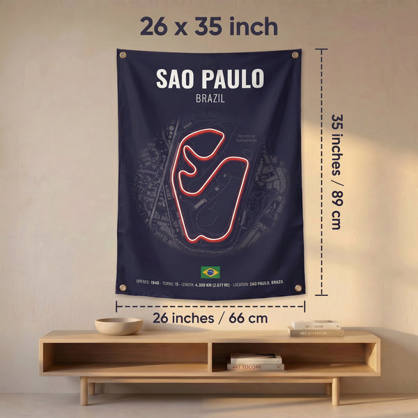 São Paulo Interlagos Circuit Wall Tapestry | Premium Polyester Formula 1 Track Map Wall Hanging | Motorsport Decor