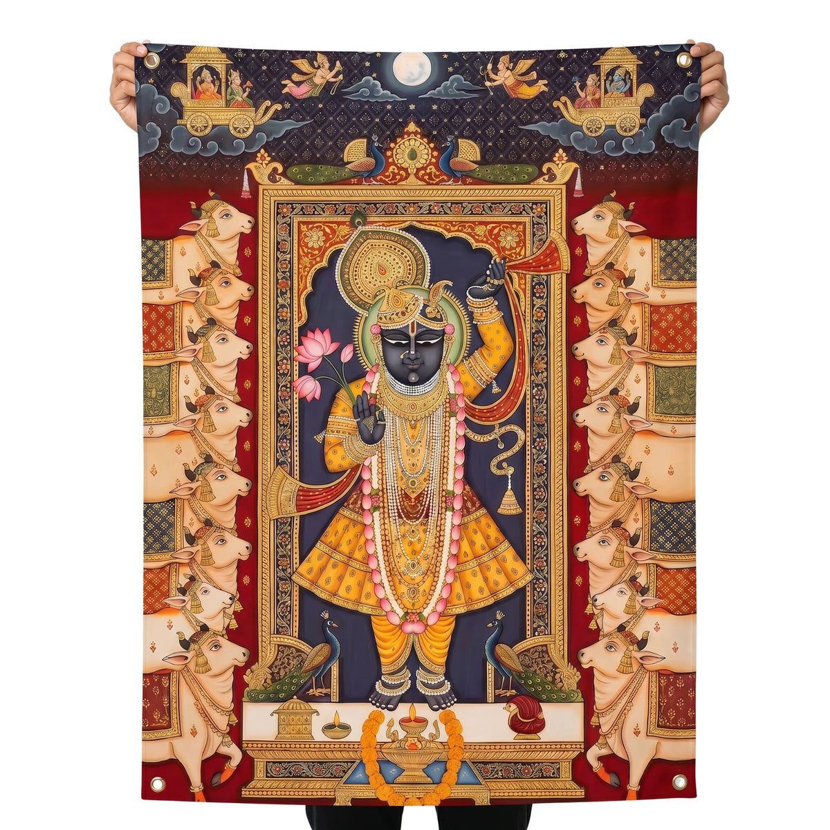 Shrinathji Wall Tapestry | Nathdwara Shrinathji Pichwai Krishna Satin Polyester Wall Hanging for Home Temple & Pooja Room