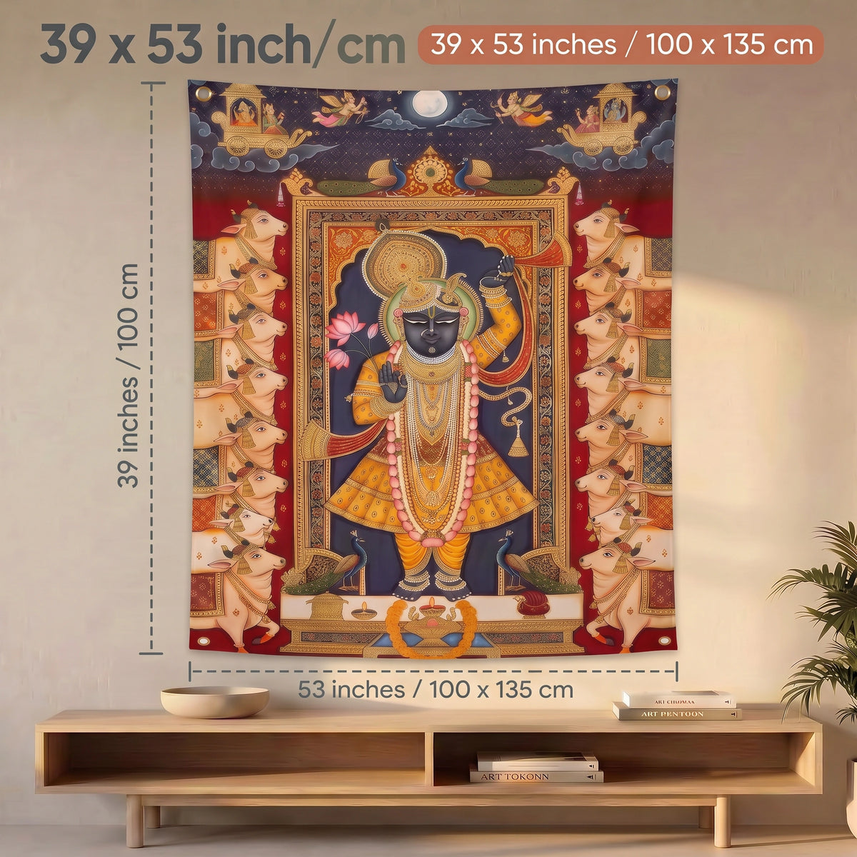 Shrinathji Wall Tapestry | Nathdwara Shrinathji Pichwai Krishna Satin Polyester Wall Hanging for Home Temple & Pooja Room