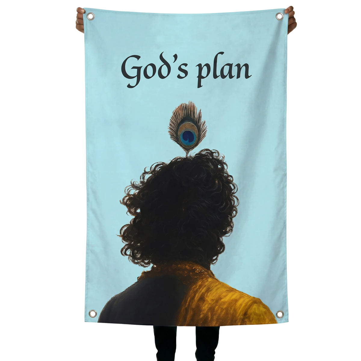 God's Plan Krishna Wall Tapestry | Spiritual Peacock Feather Art | Premium Polyester Wall Hanging
