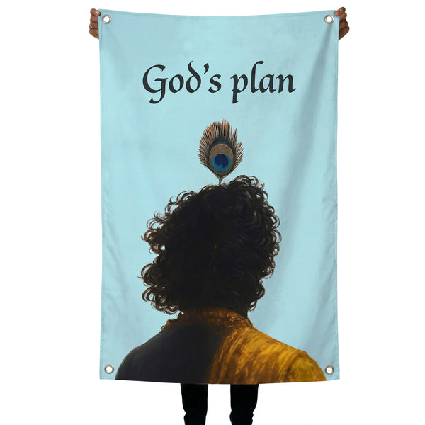 God's Plan Krishna Wall Tapestry | Spiritual Peacock Feather Art | Premium Polyester Wall Hanging
