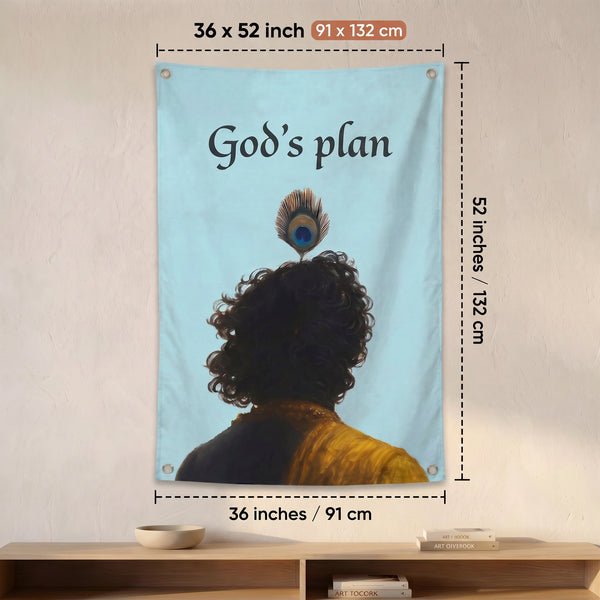 God's Plan Krishna Wall Tapestry | Spiritual Peacock Feather Art | Premium Polyester Wall Hanging
