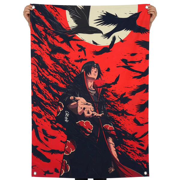 Itachi Uchiha Anime Wall Tapestry | Akatsuki Crow Artwork | Premium Polyester Wall Hanging