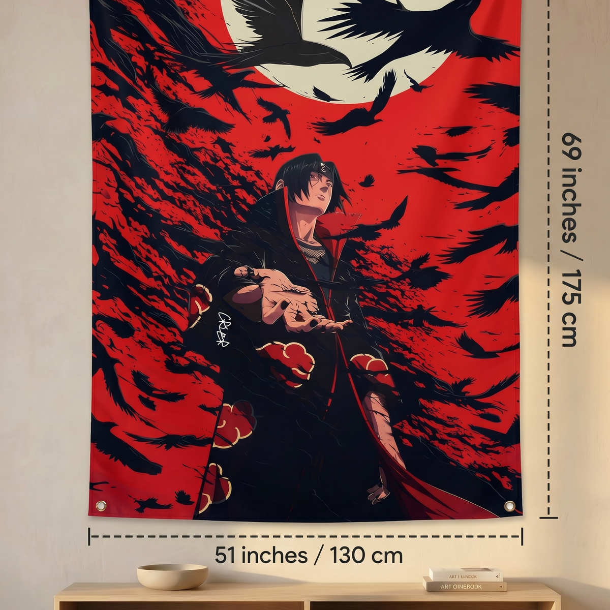 Itachi Uchiha Anime Wall Tapestry | Akatsuki Crow Artwork | Premium Polyester Wall Hanging