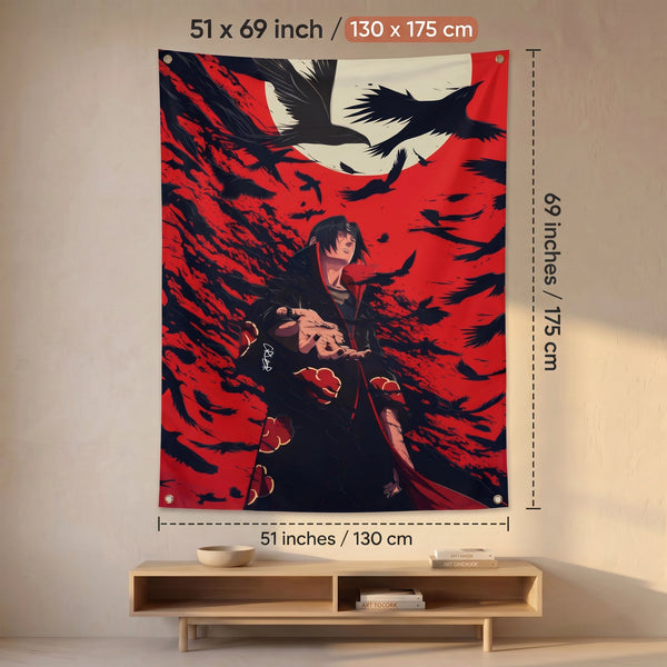 Itachi Uchiha Anime Wall Tapestry | Akatsuki Crow Artwork | Premium Polyester Wall Hanging