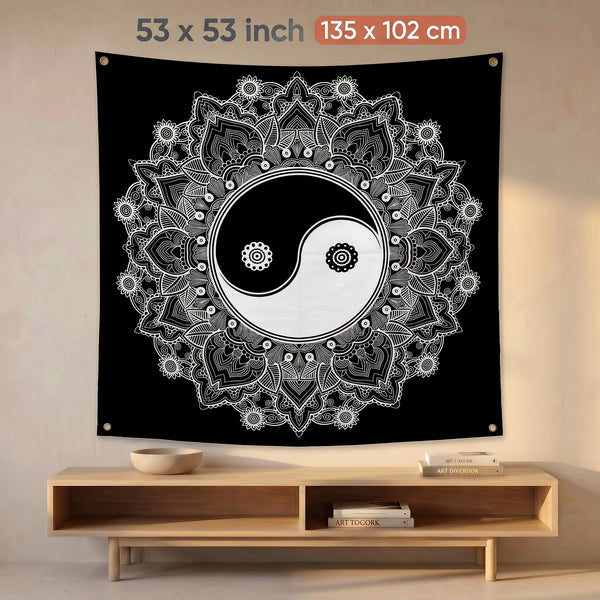 Yin Yang Mandala Wall Tapestry | Boho Spiritual Meditation Wall Hanging | Premium Polyester Tapestry
