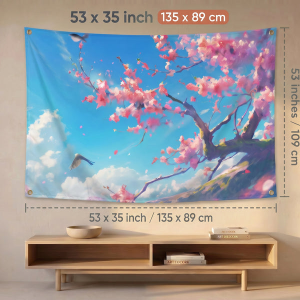 Cherry Blossom Wall Tapestry | Pink Sakura Tree Landscape Wall Hanging | Premium Polyester Nature Room Decor