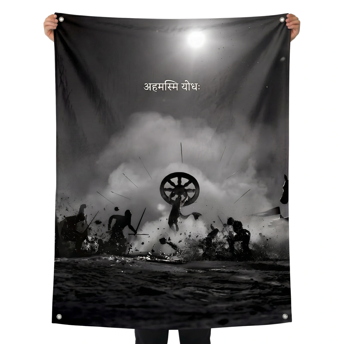 Mahabharata Warrior Wall Tapestry | Dharma Yuddha Sanskrit Art | Premium Polyester Mythology Wall Hanging
