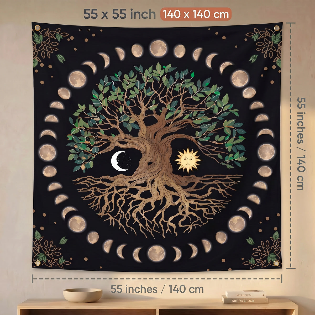 Tree of Life Moon Phase Wall Tapestry | Celestial Boho Wall Hanging | Premium Polyester Spiritual Room Decor