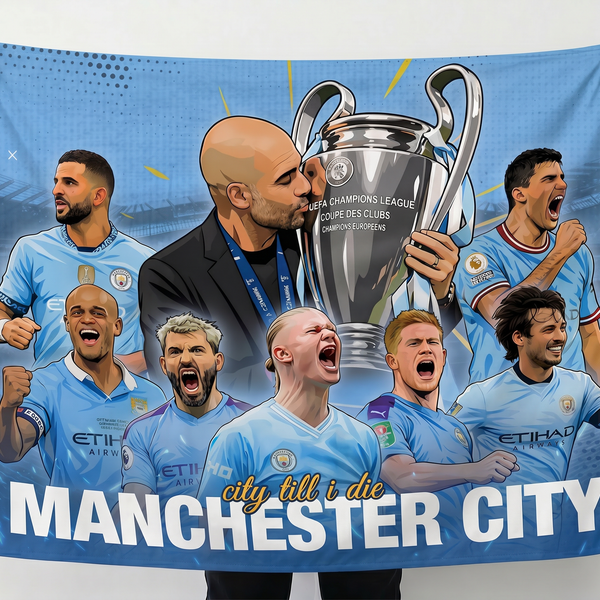 Manchester City Champions Wall Tapestry | Premium Polyester Football Wall Hanging | Soccer Room Decor