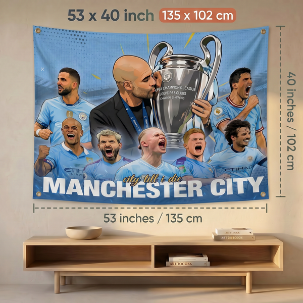 Manchester City Champions Wall Tapestry | Premium Polyester Football Wall Hanging | Soccer Room Decor