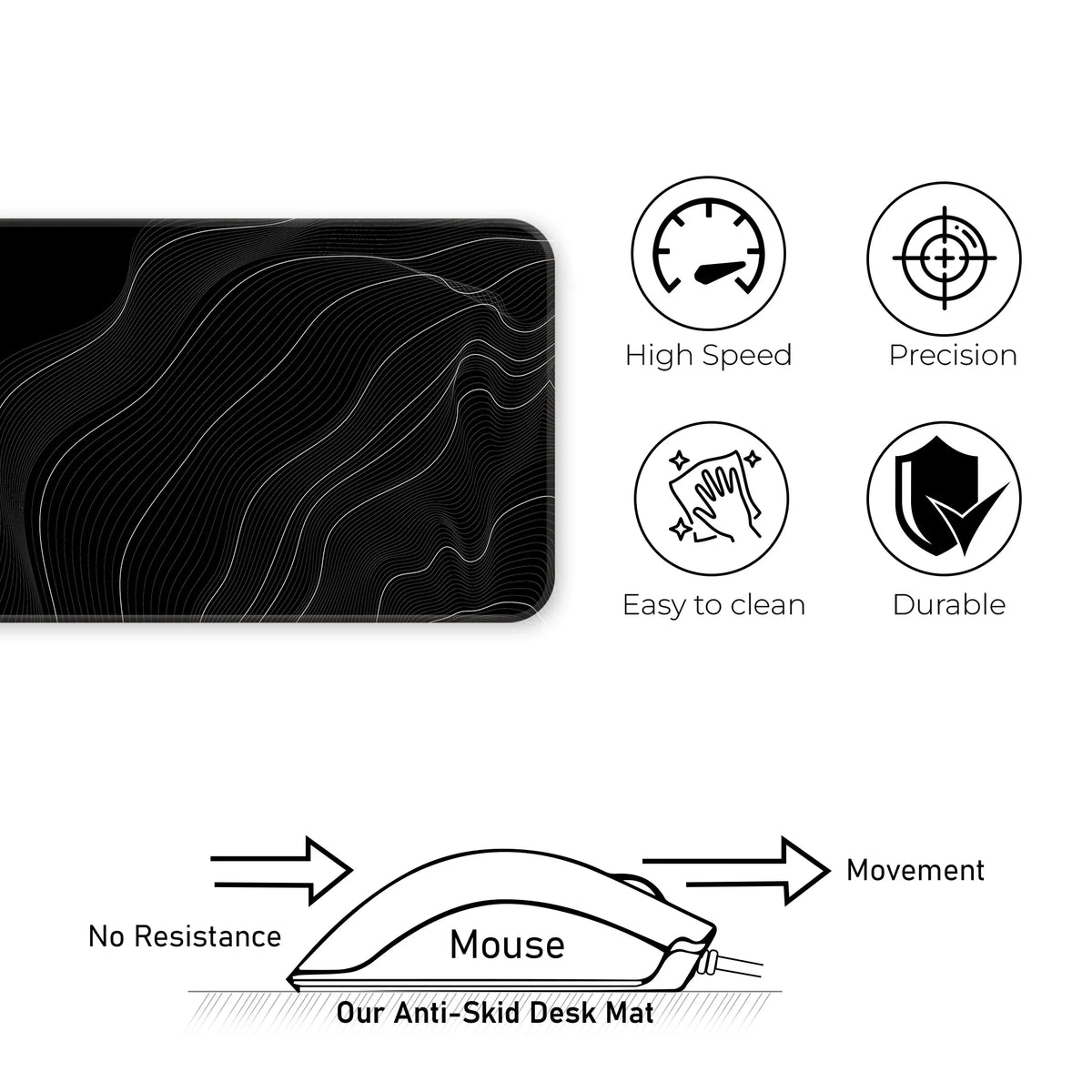 Minimal Black and White Topographic Abstract Flow Deskmat