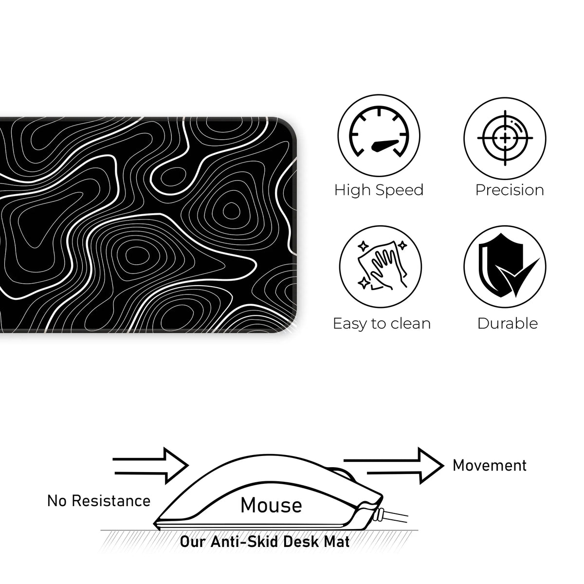 Black White Abstract Topographic Line Art Deskmat
