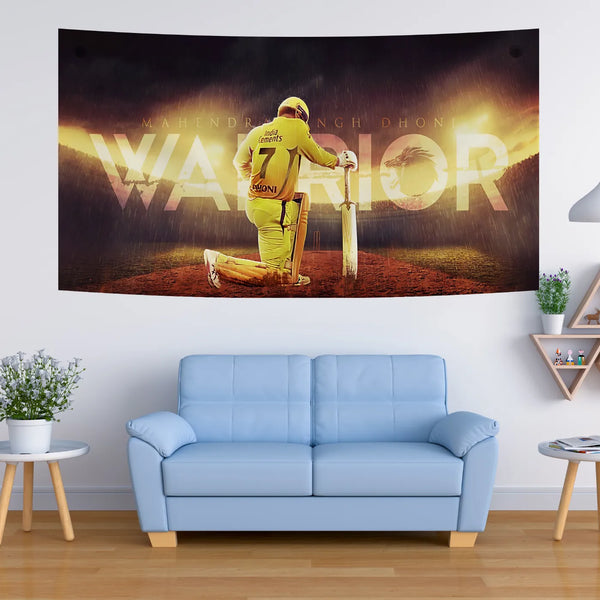 MS Dhoni Warrior Cricket Art – Iconic Kneel Pose Tribute Tapestry