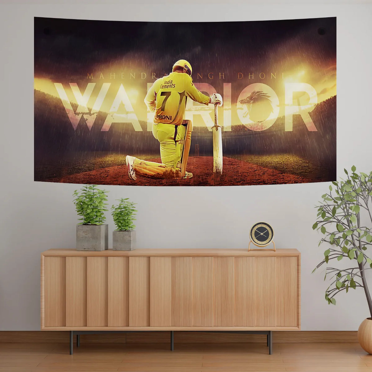 MS Dhoni Warrior Cricket Art – Iconic Kneel Pose Tribute Tapestry
