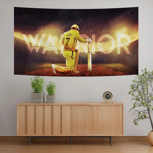 MS Dhoni Warrior Cricket Art – Iconic Kneel Pose Tribute Tapestry