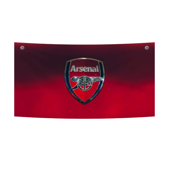 Chrome Arsenal Crest Wall Decor – Metallic Badge on Red Fade Tapestry