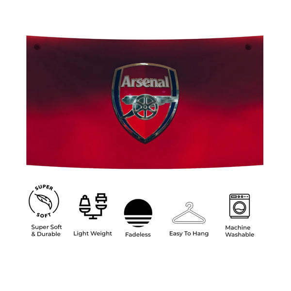 Chrome Arsenal Crest Wall Decor – Metallic Badge on Red Fade Tapestry