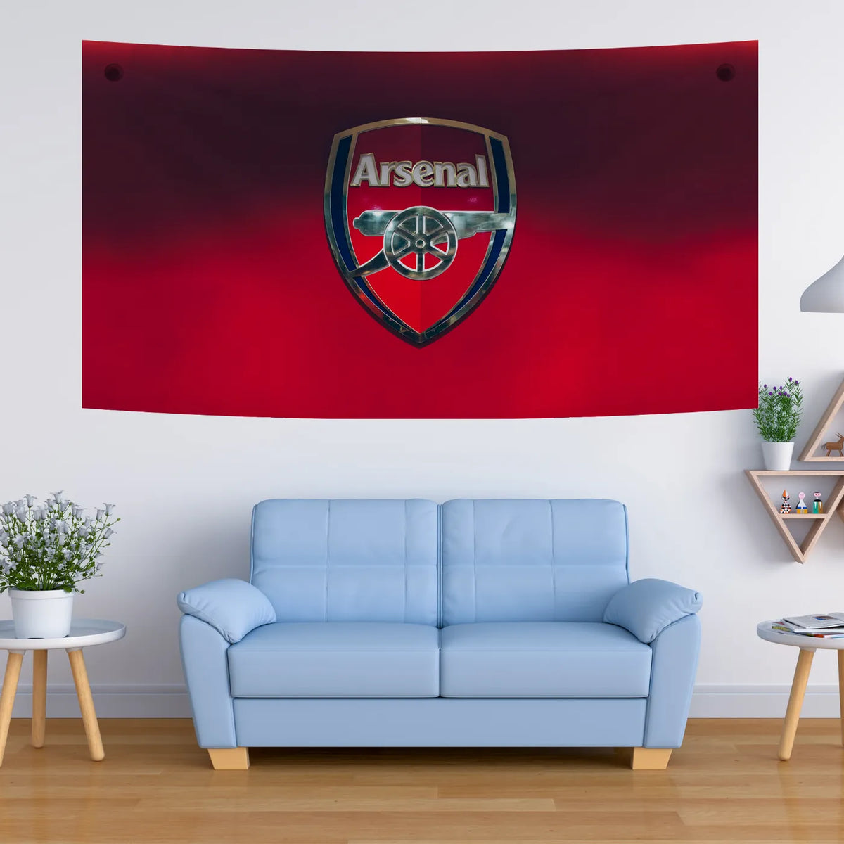Chrome Arsenal Crest Wall Decor – Metallic Badge on Red Fade Tapestry