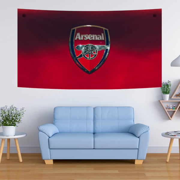 Chrome Arsenal Crest Wall Decor – Metallic Badge on Red Fade Tapestry