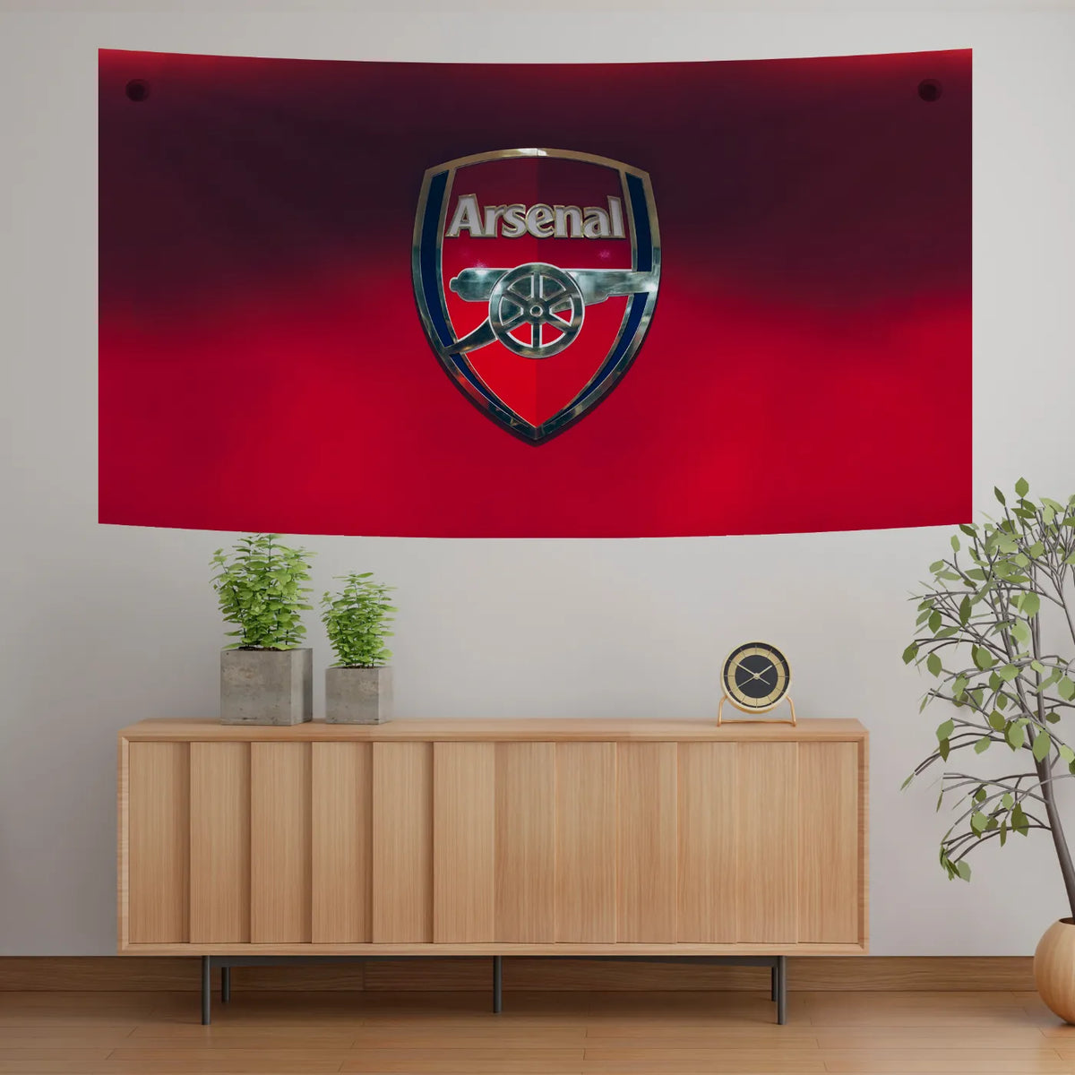 Chrome Arsenal Crest Wall Decor – Metallic Badge on Red Fade Tapestry