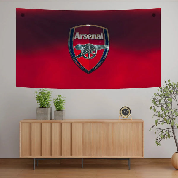 Chrome Arsenal Crest Wall Decor – Metallic Badge on Red Fade Tapestry