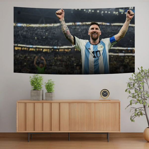 Lionel Messi Argentina Victory Pose Tapestry