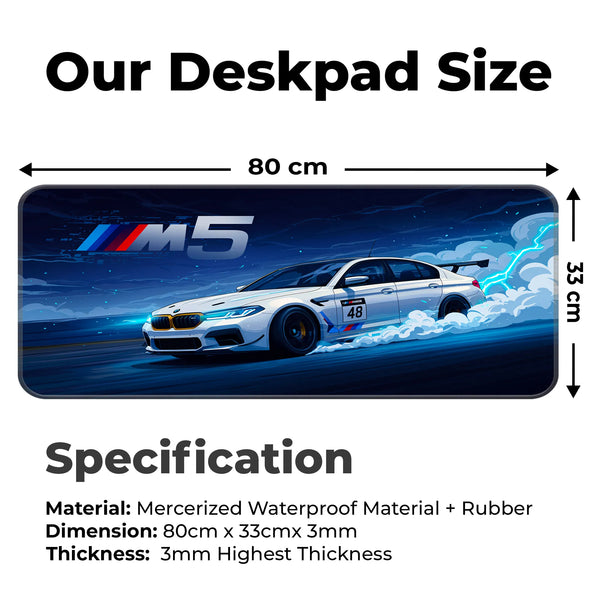 BMW M5 White Drift Racing Anime Style Deskmat
