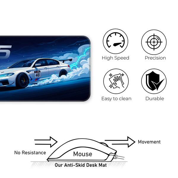 BMW M5 White Drift Racing Anime Style Deskmat