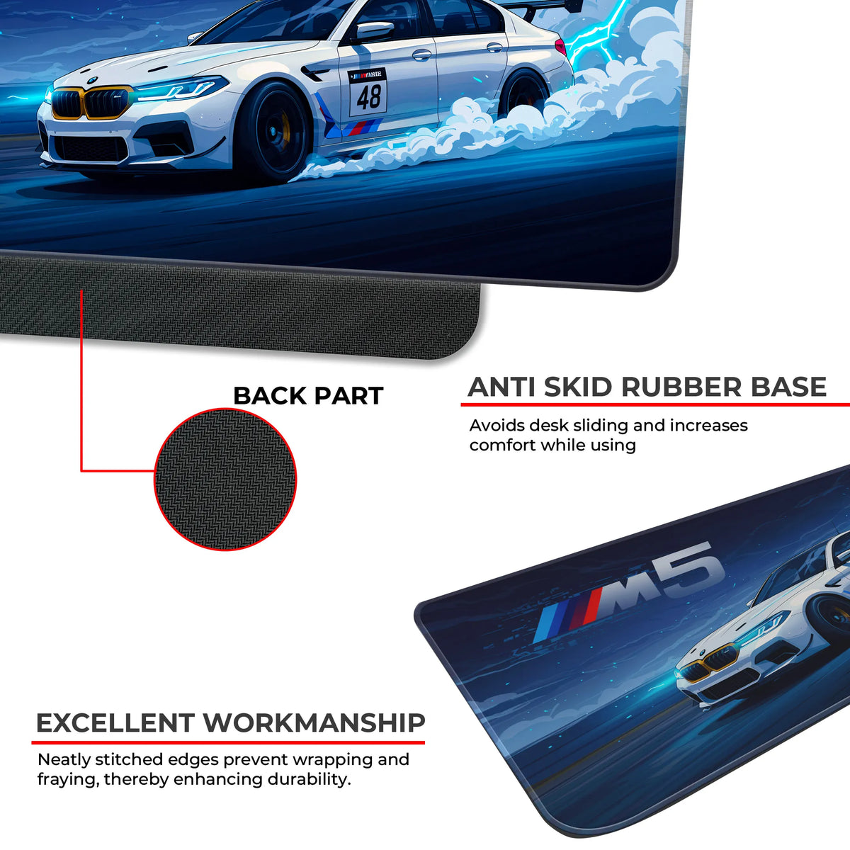 BMW M5 White Drift Racing Anime Style Deskmat