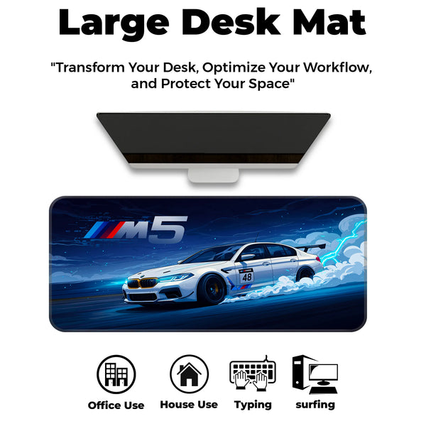 BMW M5 White Drift Racing Anime Style Deskmat