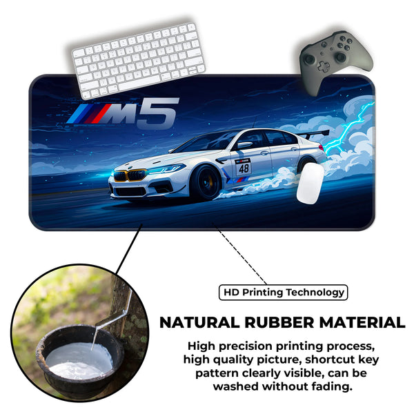 BMW M5 White Drift Racing Anime Style Deskmat