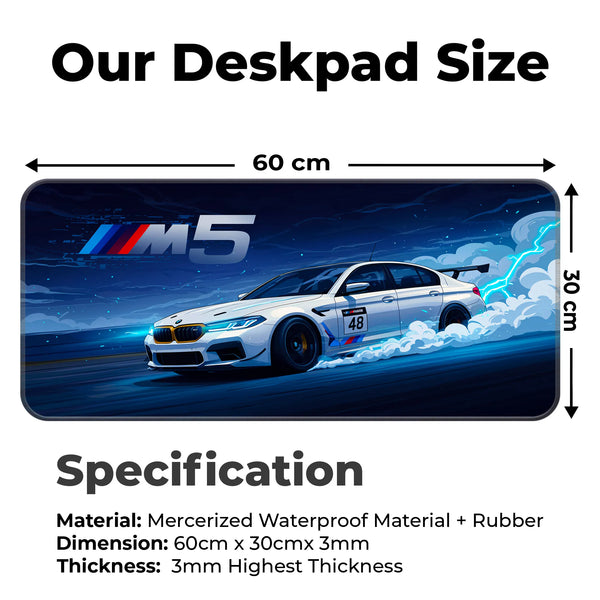 BMW M5 White Drift Racing Anime Style Deskmat