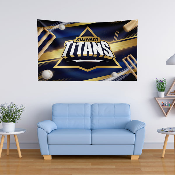 Gujarat Titans Wall Tapestry | GT Cricket Fan Wall Hanging | Premium Satin Polyester Room Decor
