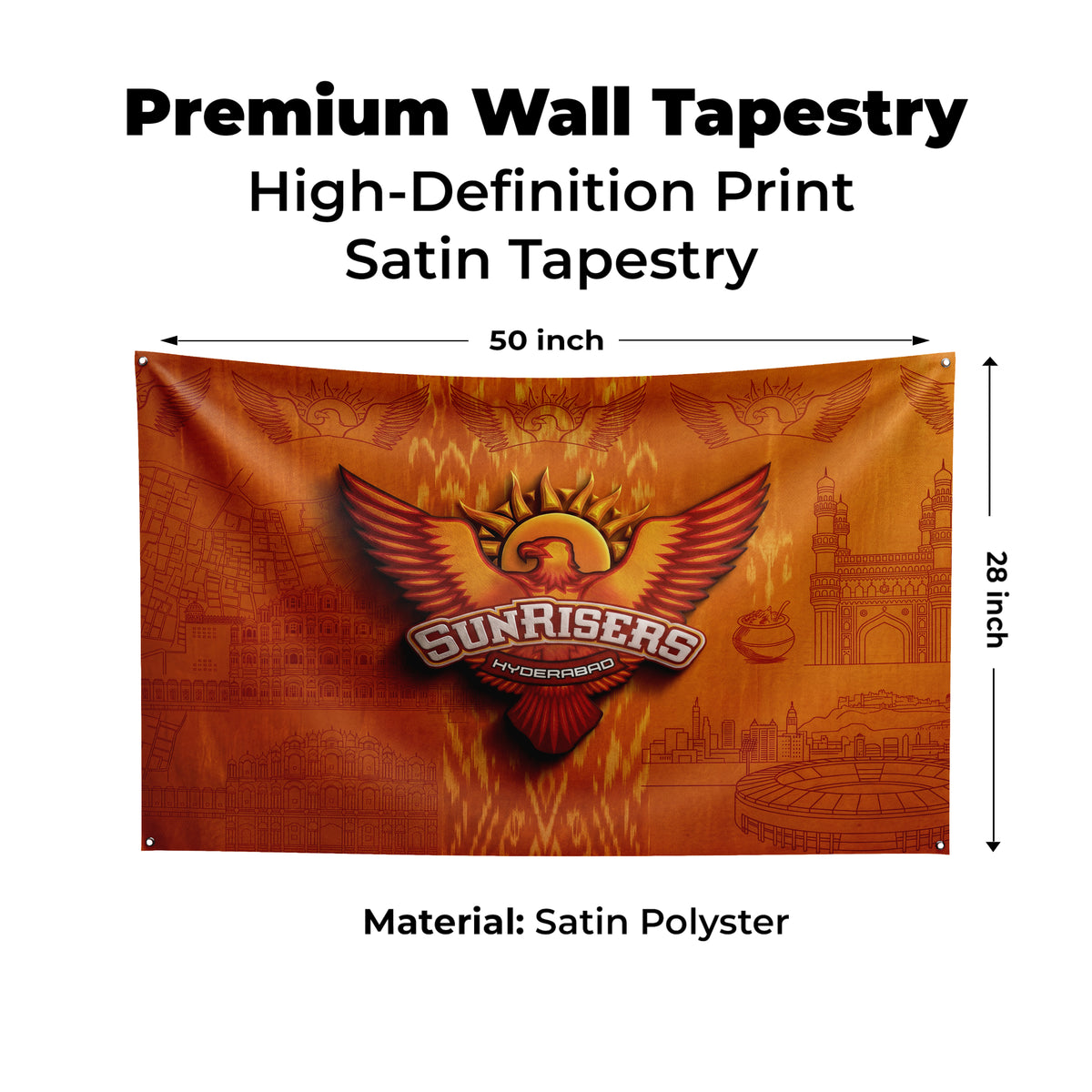 Sunrisers Hyderabad Wall Tapestry | SRH Cricket Fan Wall Hanging | Premium Satin Polyester Room Decor
