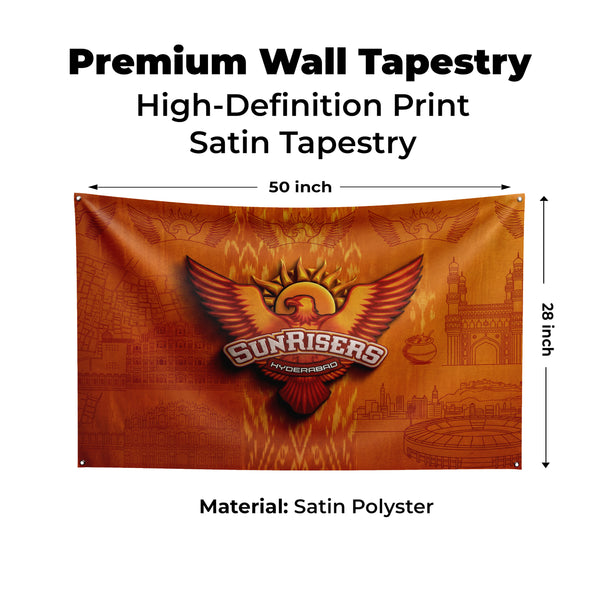 Sunrisers Hyderabad Wall Tapestry | SRH Cricket Fan Wall Hanging | Premium Satin Polyester Room Decor