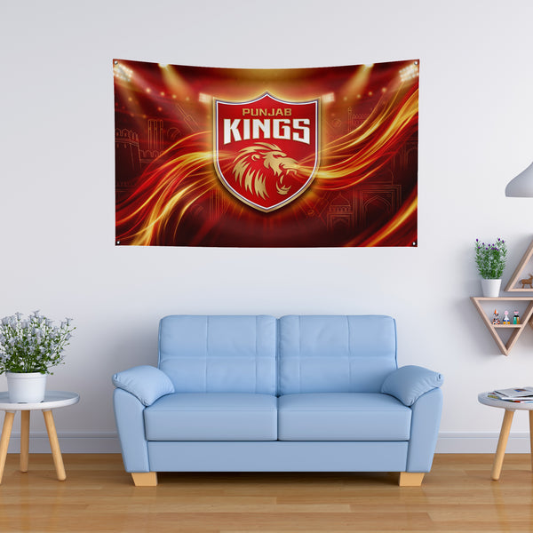 Punjab Kings Wall Tapestry | PBKS Cricket Fan Wall Hanging | Premium Satin Polyester Room Decor
